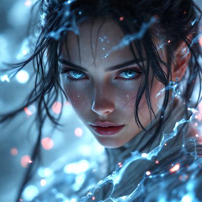 The primary subject of the image is a woman with long, dark hair. She has blue eyes and is wearing a white shirt. The setting is a blue background, which adds to the overall mood of the image. The visual style appears to be a combination of a photo and digital art, creating a unique and captivating portrait.